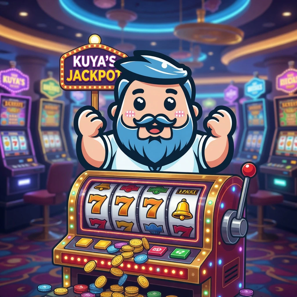 Waterfall of gold coins and reward gift boxes, KuyaPlay mascot eagle holding a large gift bag, dark blue background with gold light effects and sparkling particles