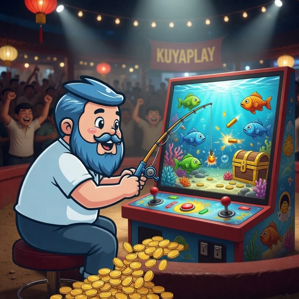 KuyaPlay mascot eagle pointing upward to a Register button, dark blue background with gold halo and sparkling stars indicating action