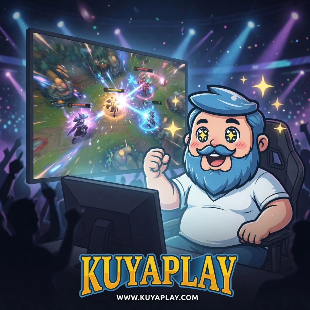 Mobile app interfaces on Android and iPhone devices, dark blue gradient background, screens lit with KuyaPlay app interface, mascot between them